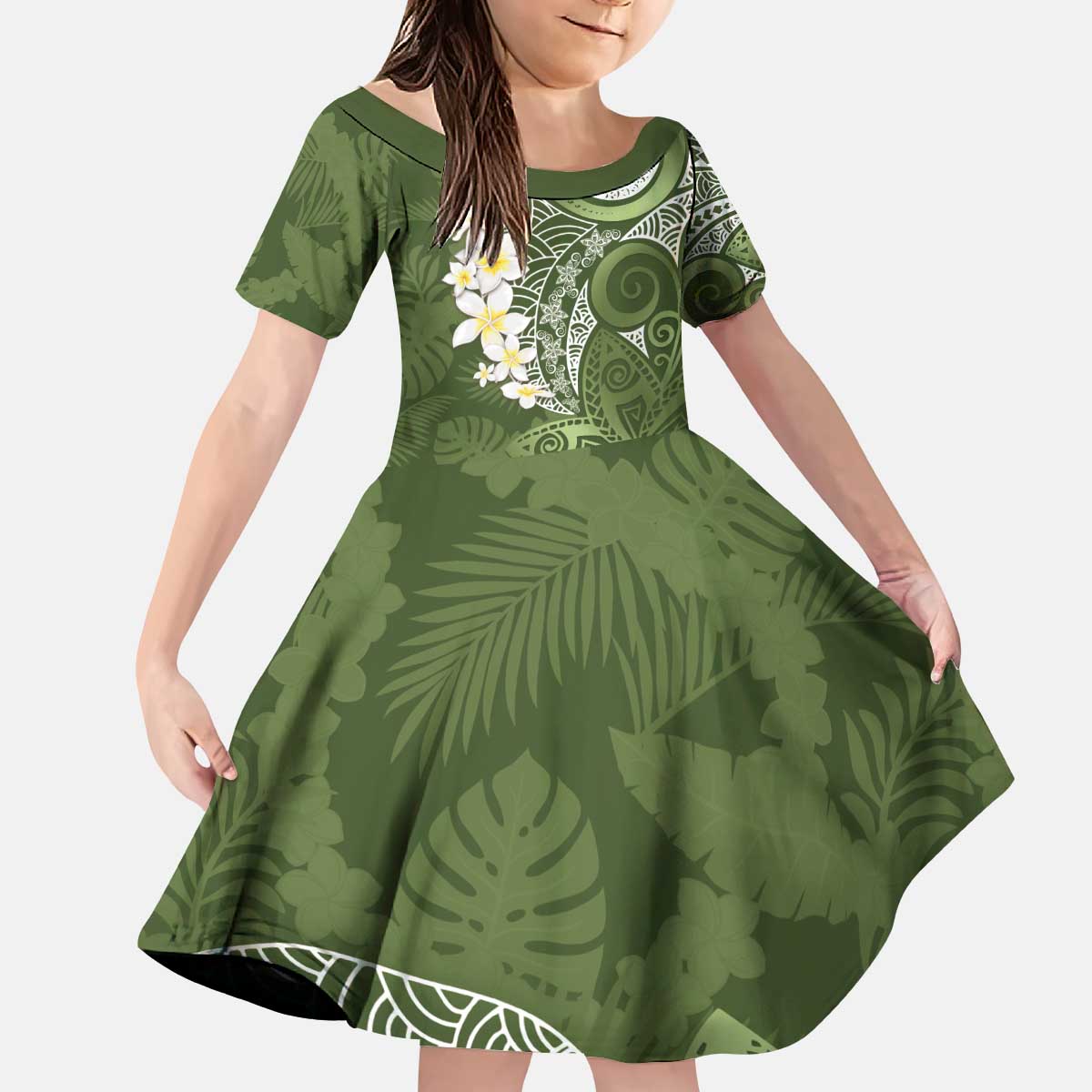 Green Polynesian Tribal Frangipani Tropical Vibe Kid Short Sleeve Dress