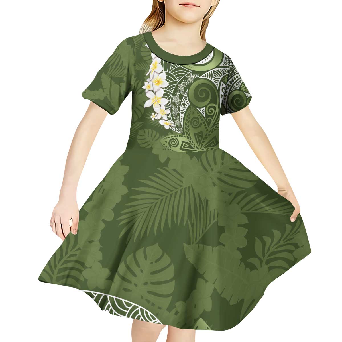 Green Polynesian Tribal Frangipani Tropical Vibe Kid Short Sleeve Dress