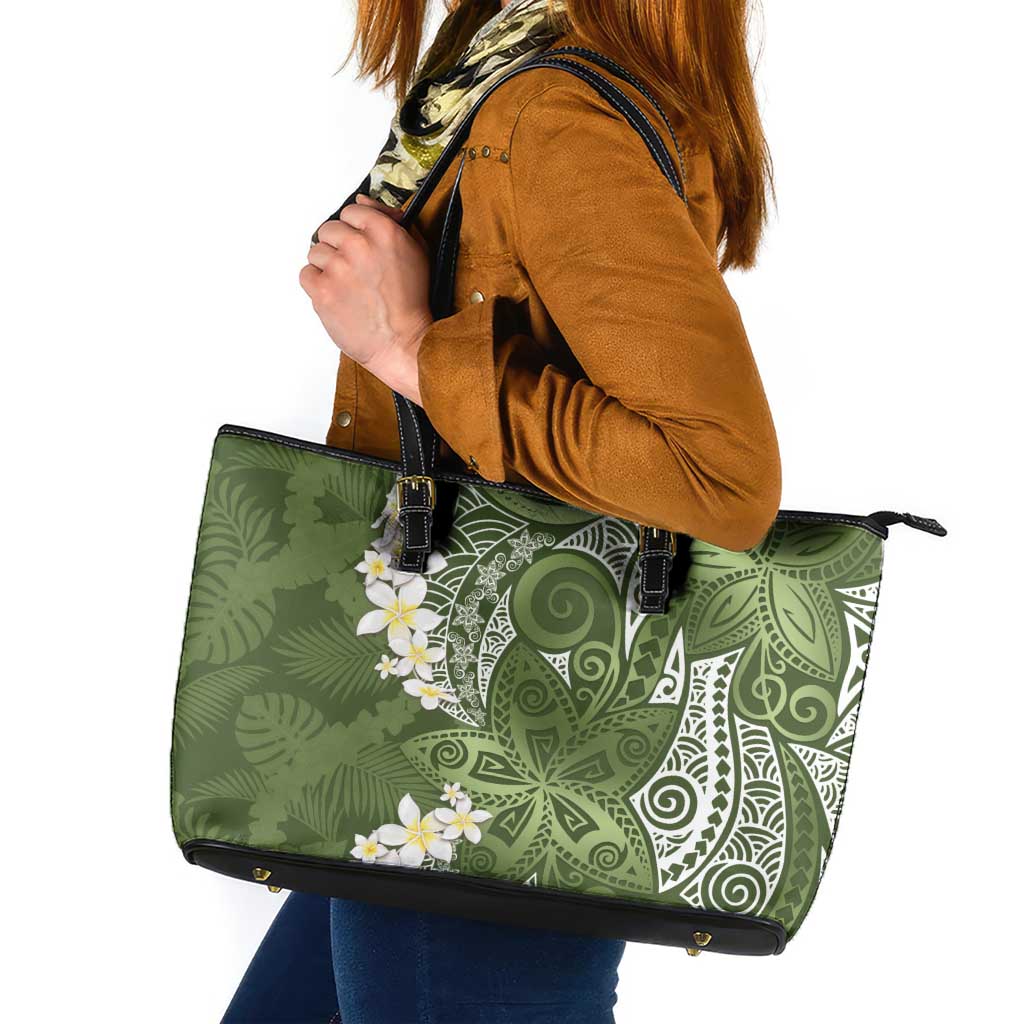 Green Polynesian Tribal Frangipani Tropical Vibe Leather Tote Bag LT14 Green - Polynesian Pride