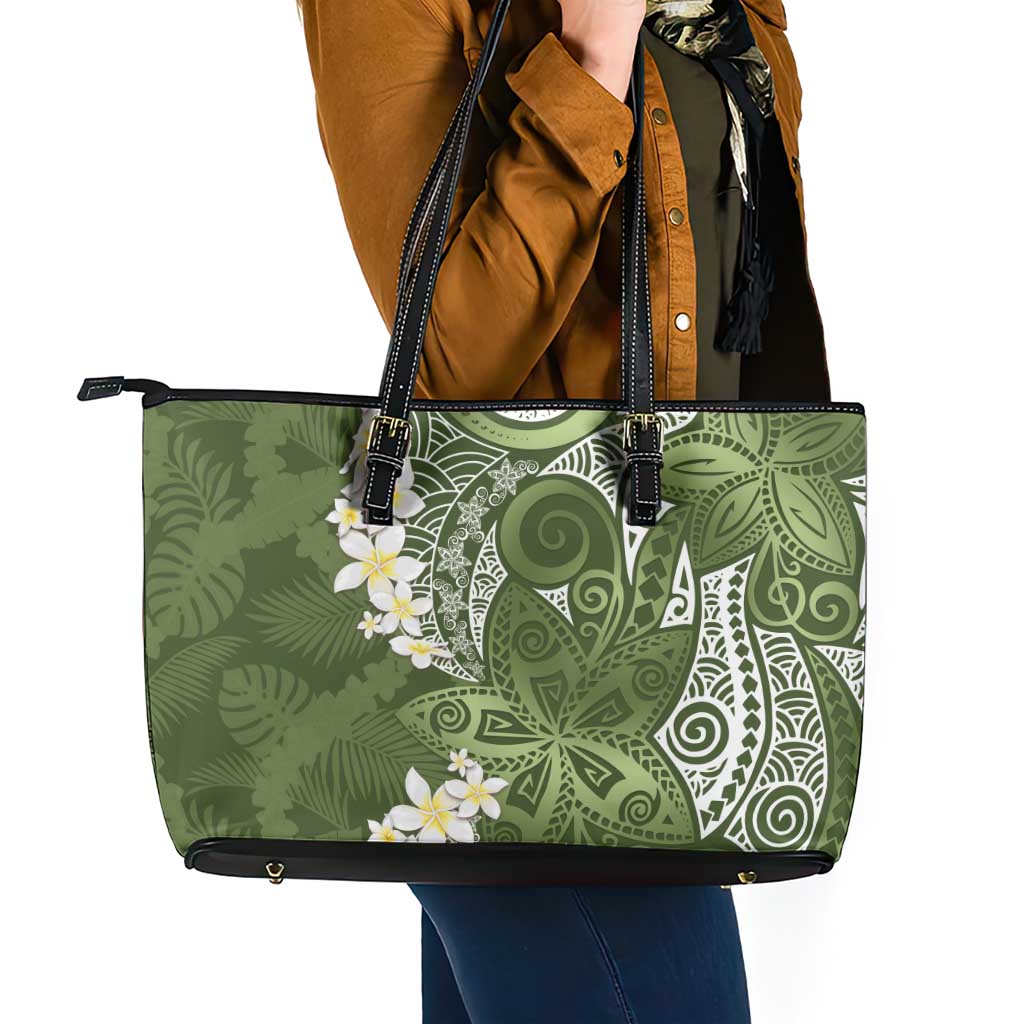 Green Polynesian Tribal Frangipani Tropical Vibe Leather Tote Bag LT14 - Polynesian Pride