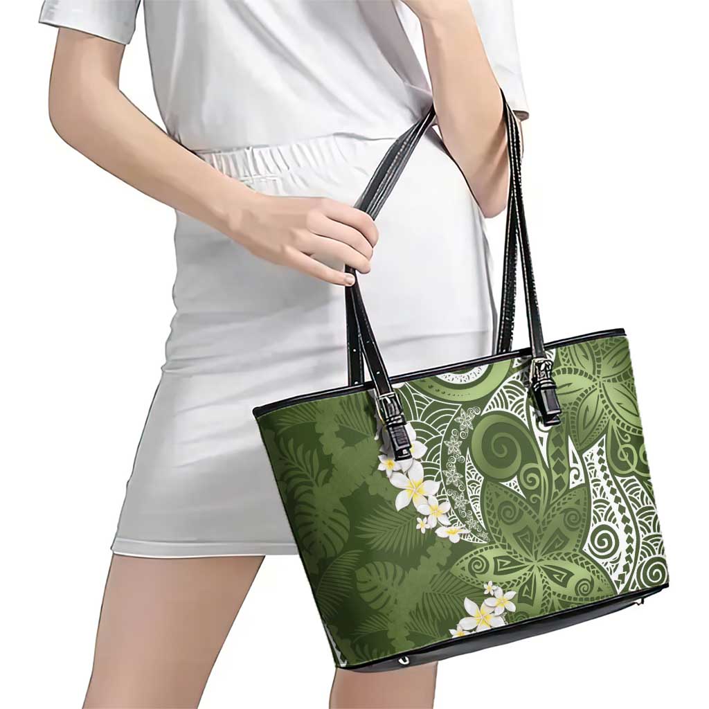 Green Polynesian Tribal Frangipani Tropical Vibe Leather Tote Bag LT14 - Polynesian Pride