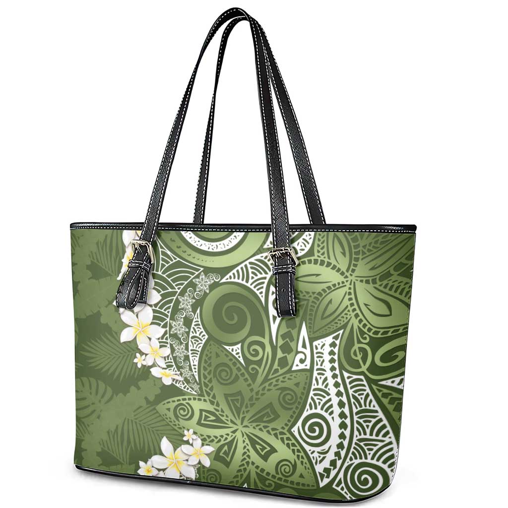 Green Polynesian Tribal Frangipani Tropical Vibe Leather Tote Bag LT14 - Polynesian Pride