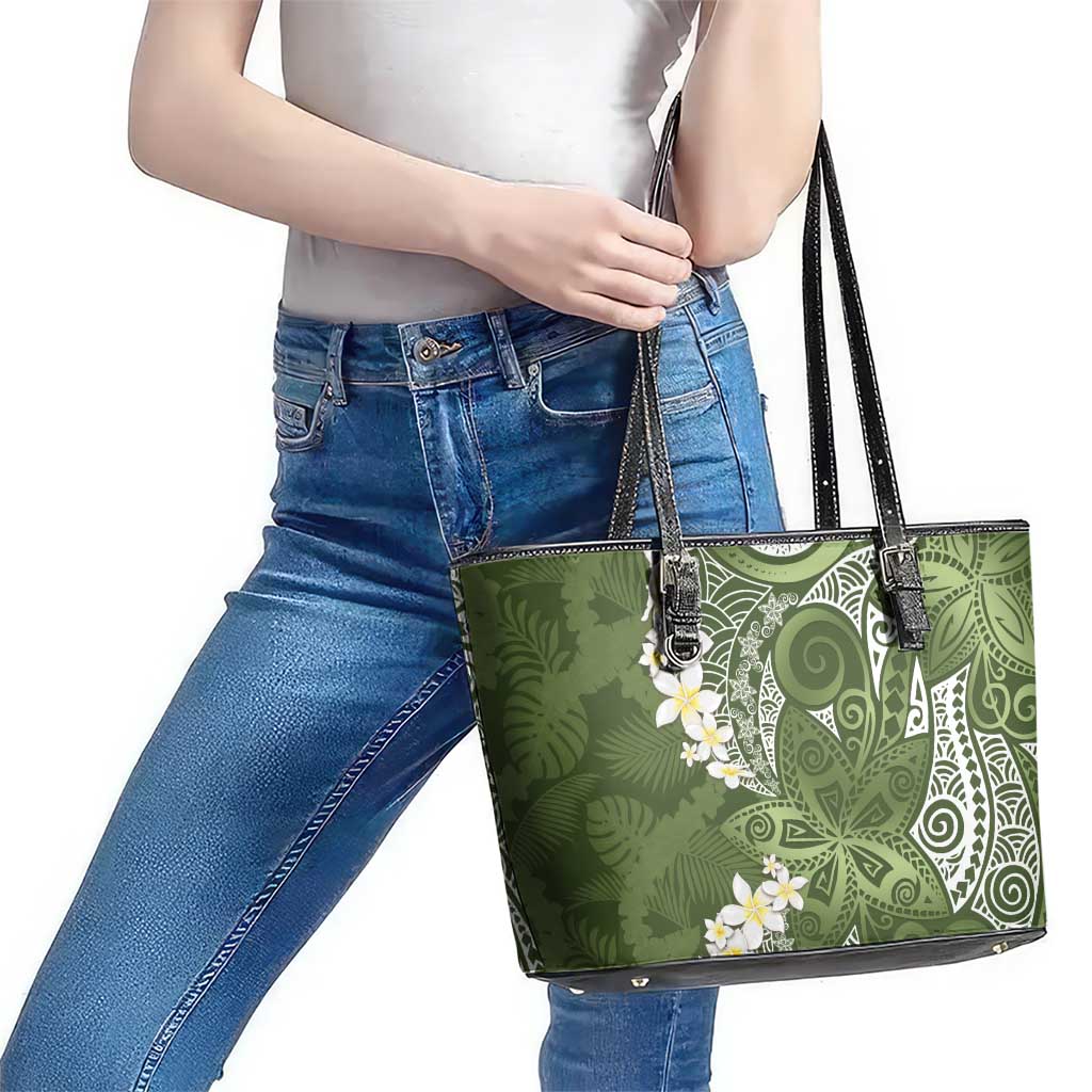 Green Polynesian Tribal Frangipani Tropical Vibe Leather Tote Bag LT14 - Polynesian Pride