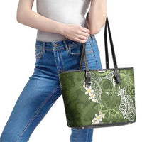 Green Polynesian Tribal Frangipani Tropical Vibe Leather Tote Bag LT14 - Polynesian Pride