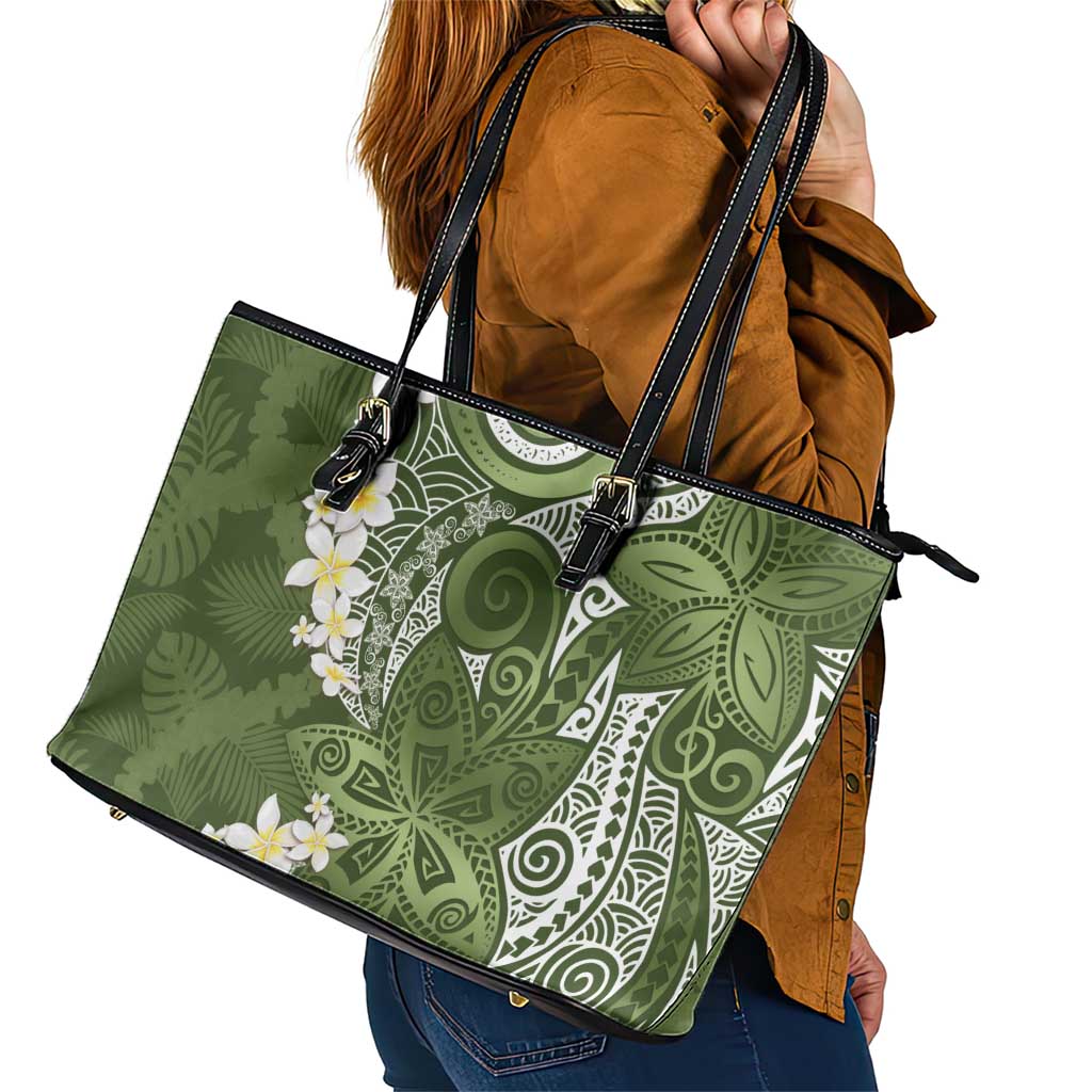 Green Polynesian Tribal Frangipani Tropical Vibe Leather Tote Bag LT14 - Polynesian Pride