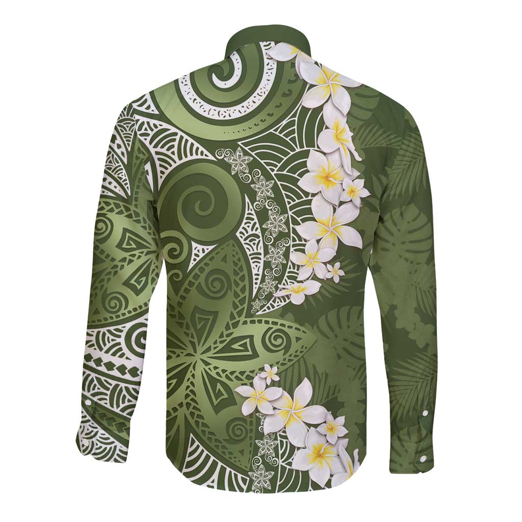 Green Polynesian Tribal Frangipani Tropical Vibe Long Sleeve Button Shirt LT14 - Polynesian Pride