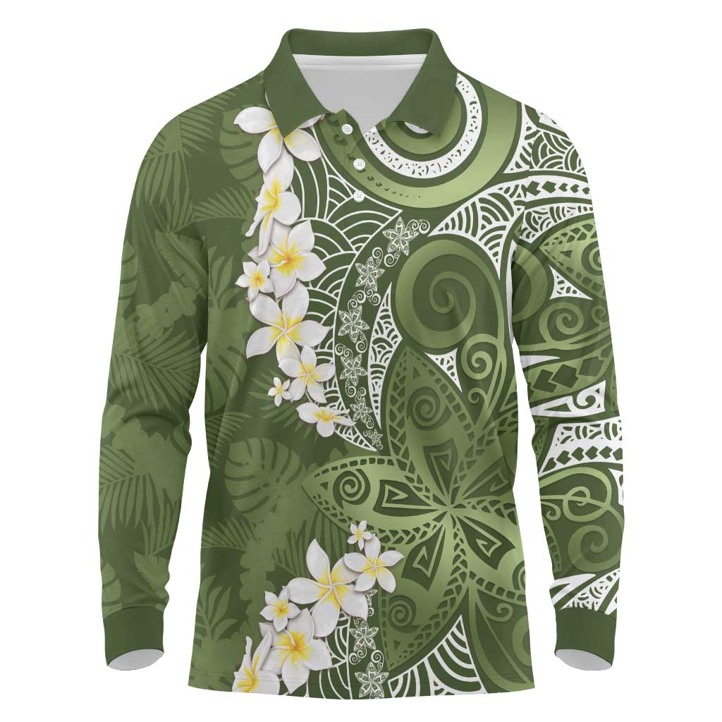 Green Polynesian Tribal Frangipani Tropical Vibe Long Sleeve Polo Shirt