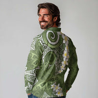 Green Polynesian Tribal Frangipani Tropical Vibe Long Sleeve Polo Shirt