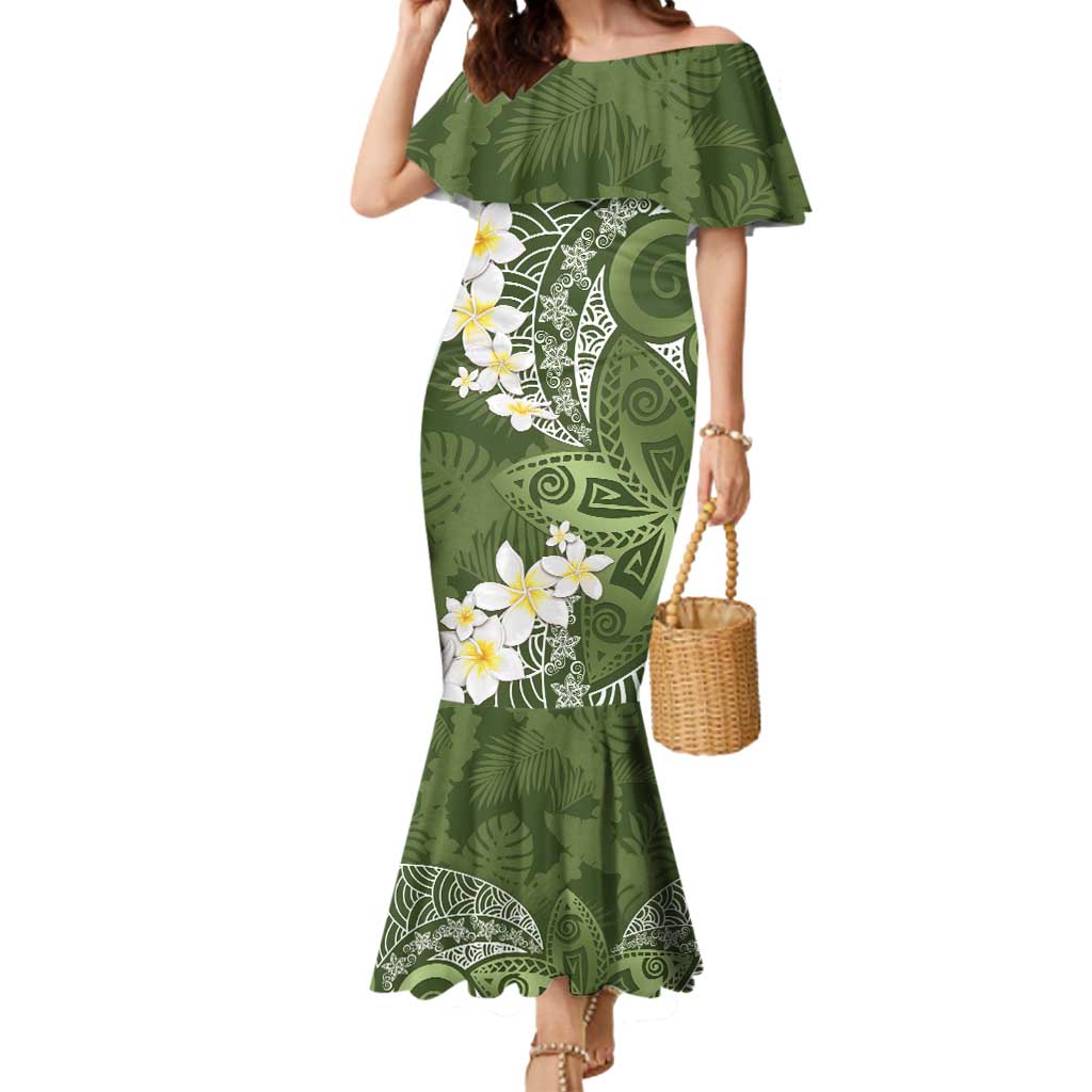 Green Polynesian Tribal Frangipani Tropical Vibe Mermaid Dress