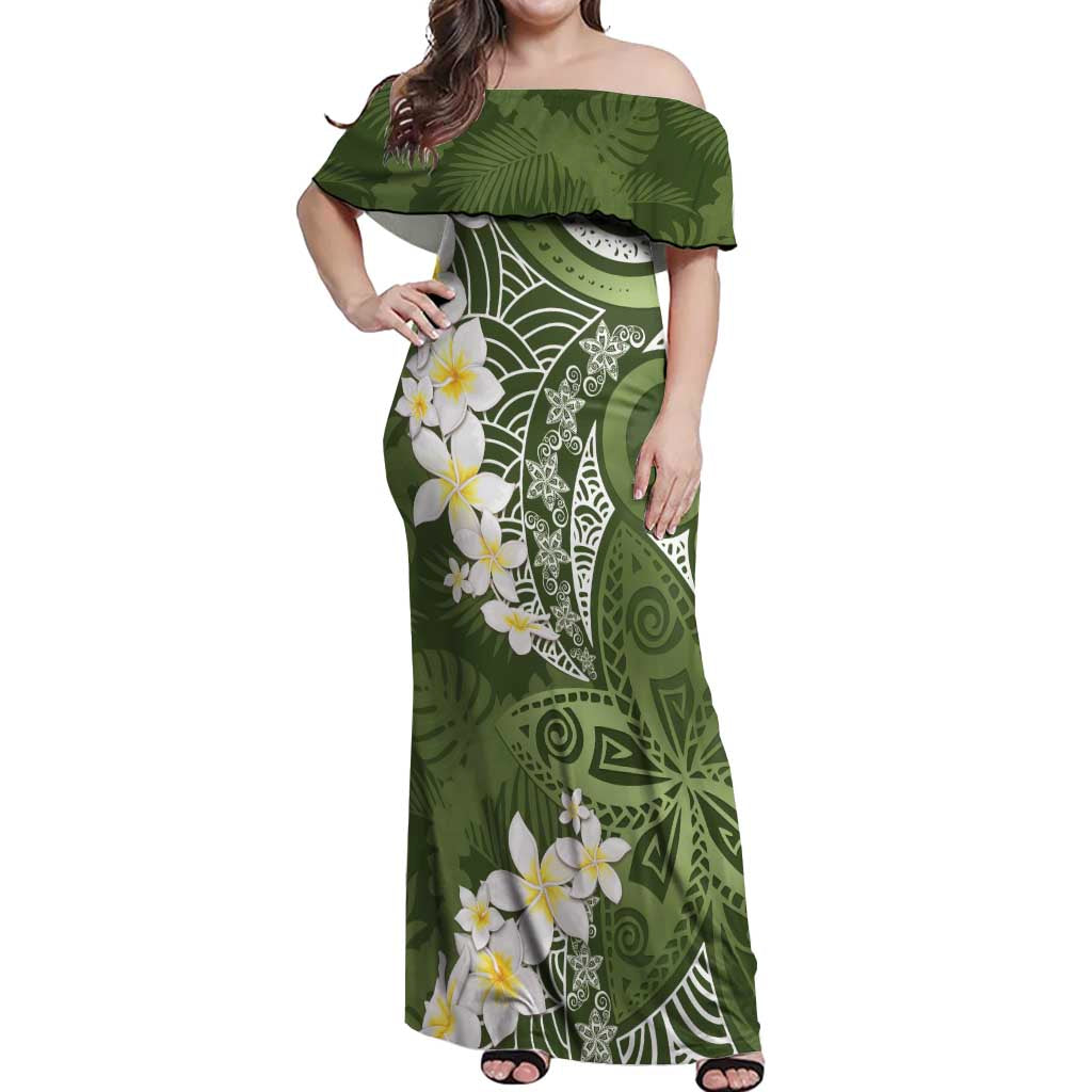 Green Polynesian Tribal Frangipani Tropical Vibe Off Shoulder Maxi Dress LT14 Women Green - Polynesian Pride