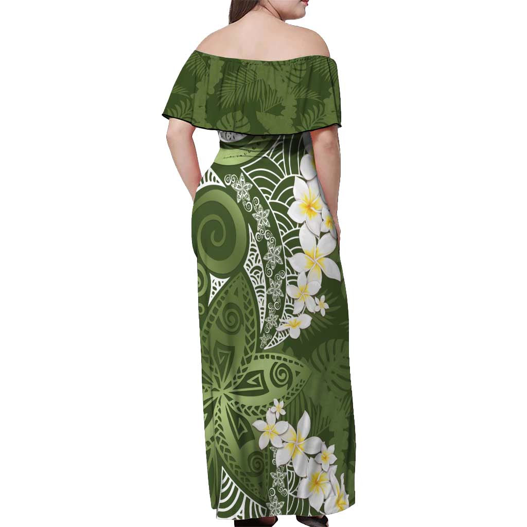 Green Polynesian Tribal Frangipani Tropical Vibe Off Shoulder Maxi Dress LT14 - Polynesian Pride