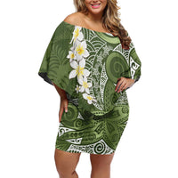 Green Polynesian Tribal Frangipani Tropical Vibe Off Shoulder Short Dress LT14 Women Green - Polynesian Pride
