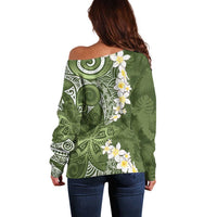 Green Polynesian Tribal Frangipani Tropical Vibe Off Shoulder Sweater