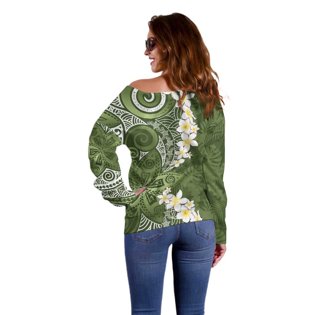 Green Polynesian Tribal Frangipani Tropical Vibe Off Shoulder Sweater