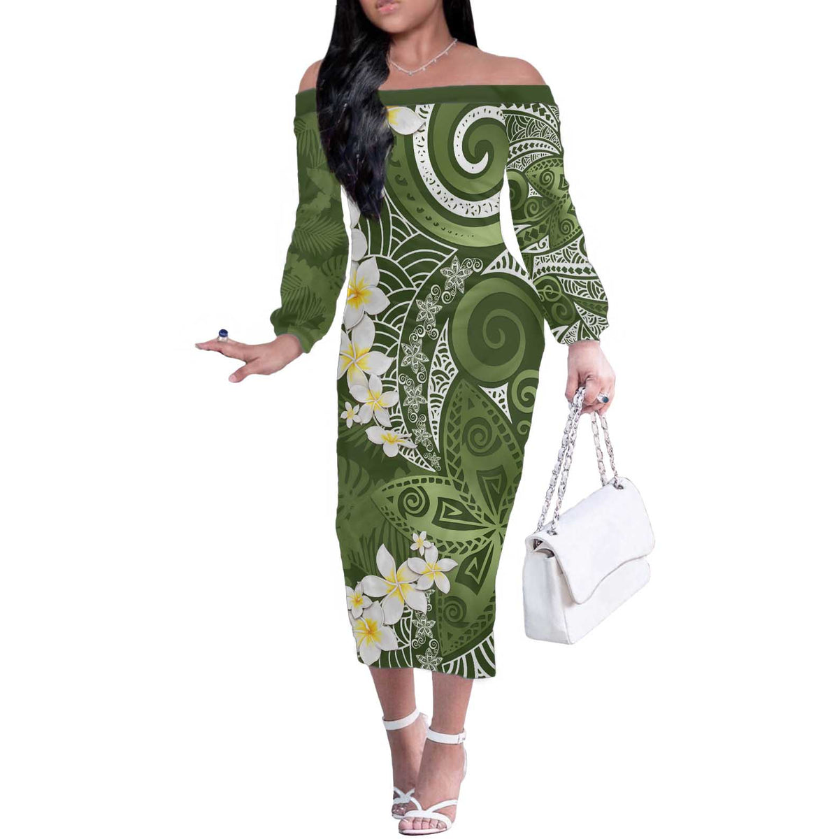 Green Polynesian Tribal Frangipani Tropical Vibe Off The Shoulder Long Sleeve Dress