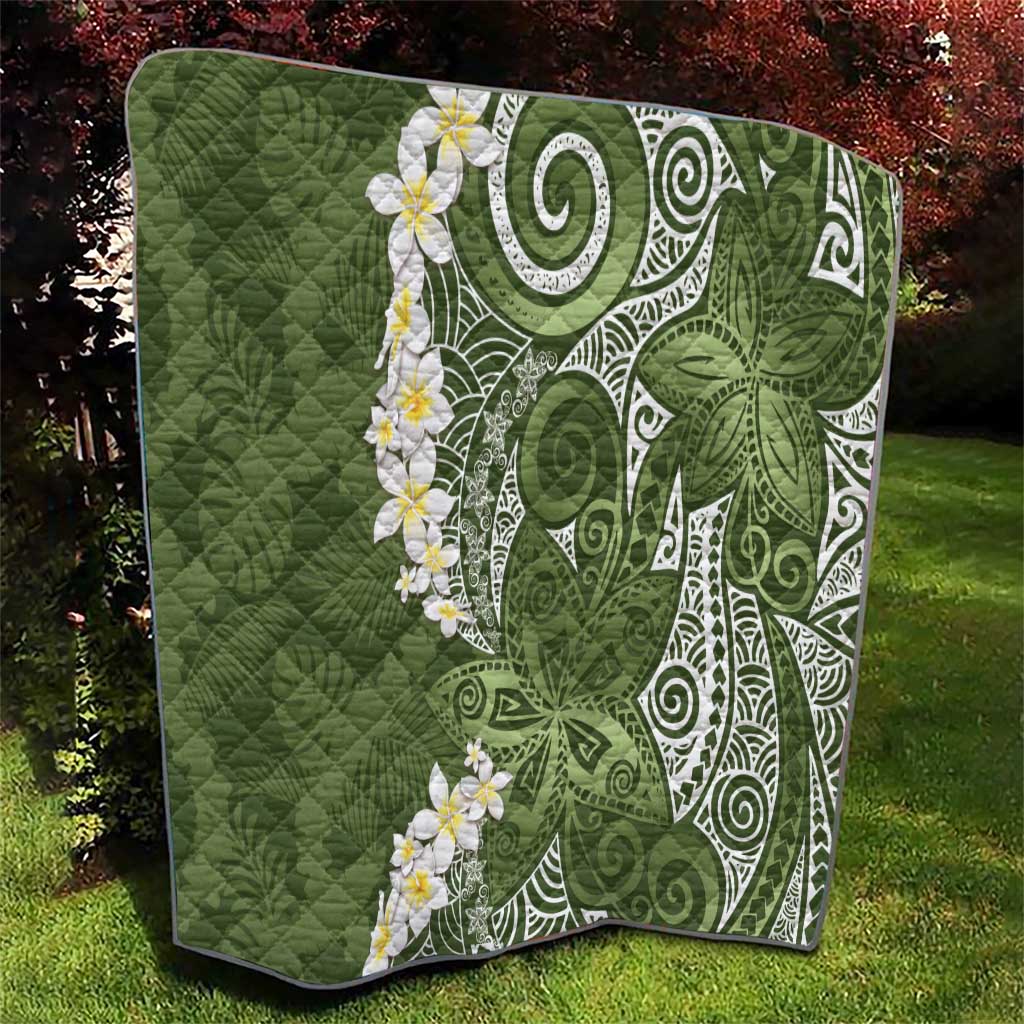 Green Polynesian Tribal Frangipani Tropical Vibe Quilt