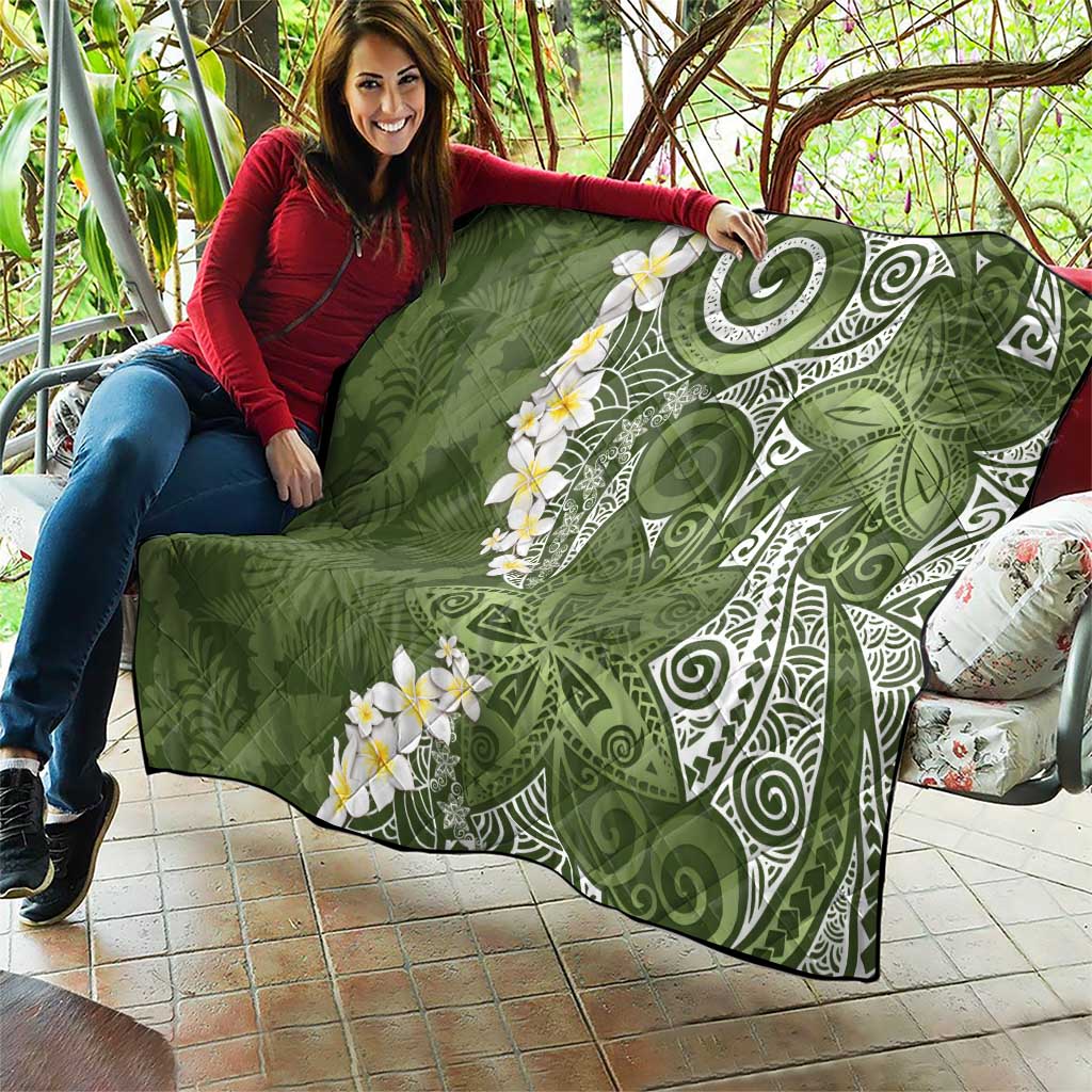 Green Polynesian Tribal Frangipani Tropical Vibe Quilt