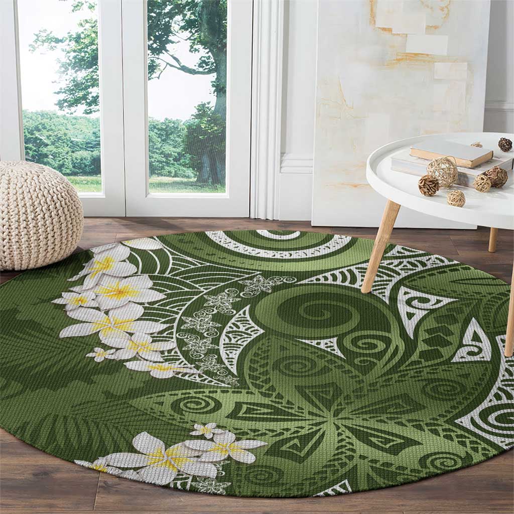 Green Polynesian Tribal Frangipani Tropical Vibe Round Carpet
