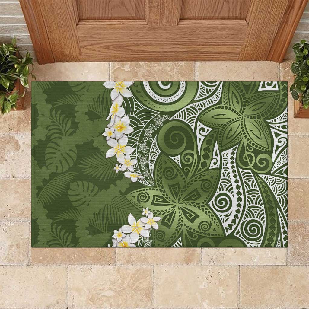 Green Polynesian Tribal Frangipani Tropical Vibe Rubber Doormat LT14 Green - Polynesian Pride