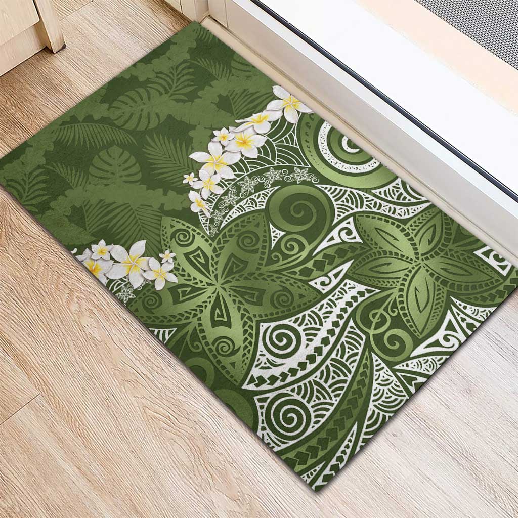 Green Polynesian Tribal Frangipani Tropical Vibe Rubber Doormat LT14 - Polynesian Pride