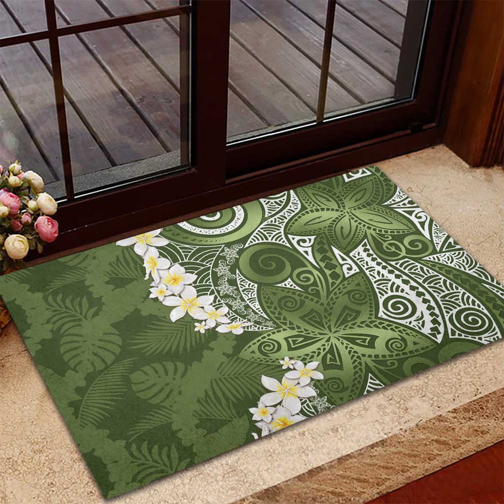 Green Polynesian Tribal Frangipani Tropical Vibe Rubber Doormat LT14 - Polynesian Pride