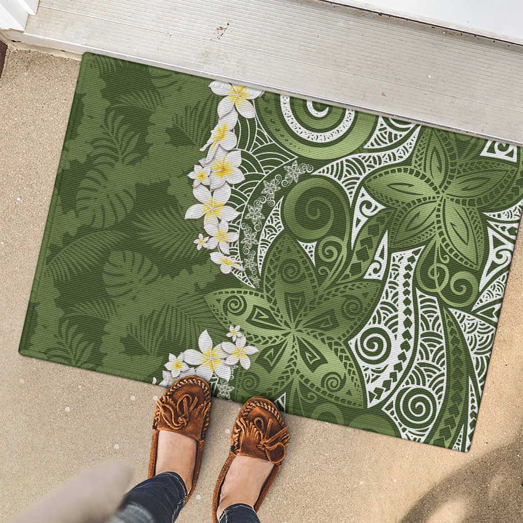 Green Polynesian Tribal Frangipani Tropical Vibe Rubber Doormat LT14 - Polynesian Pride