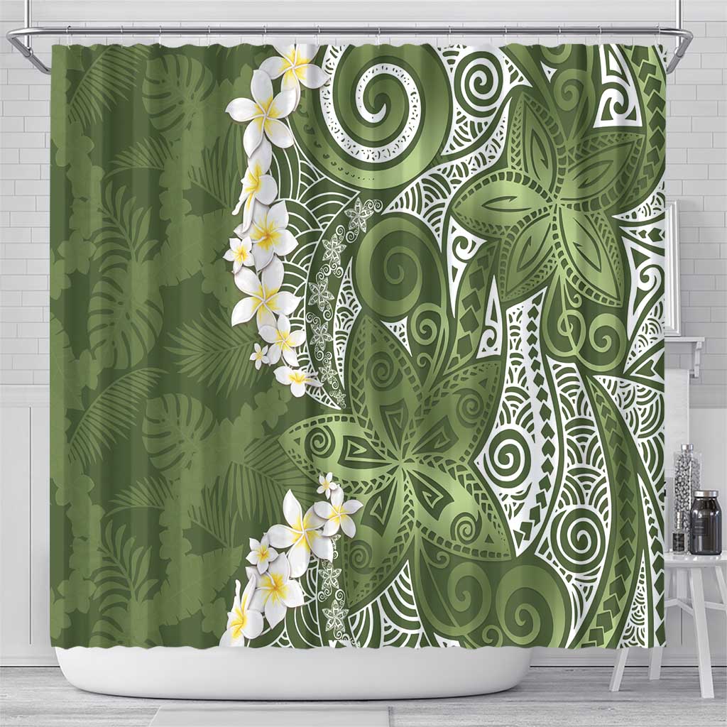 Green Polynesian Tribal Frangipani Tropical Vibe Shower Curtain
