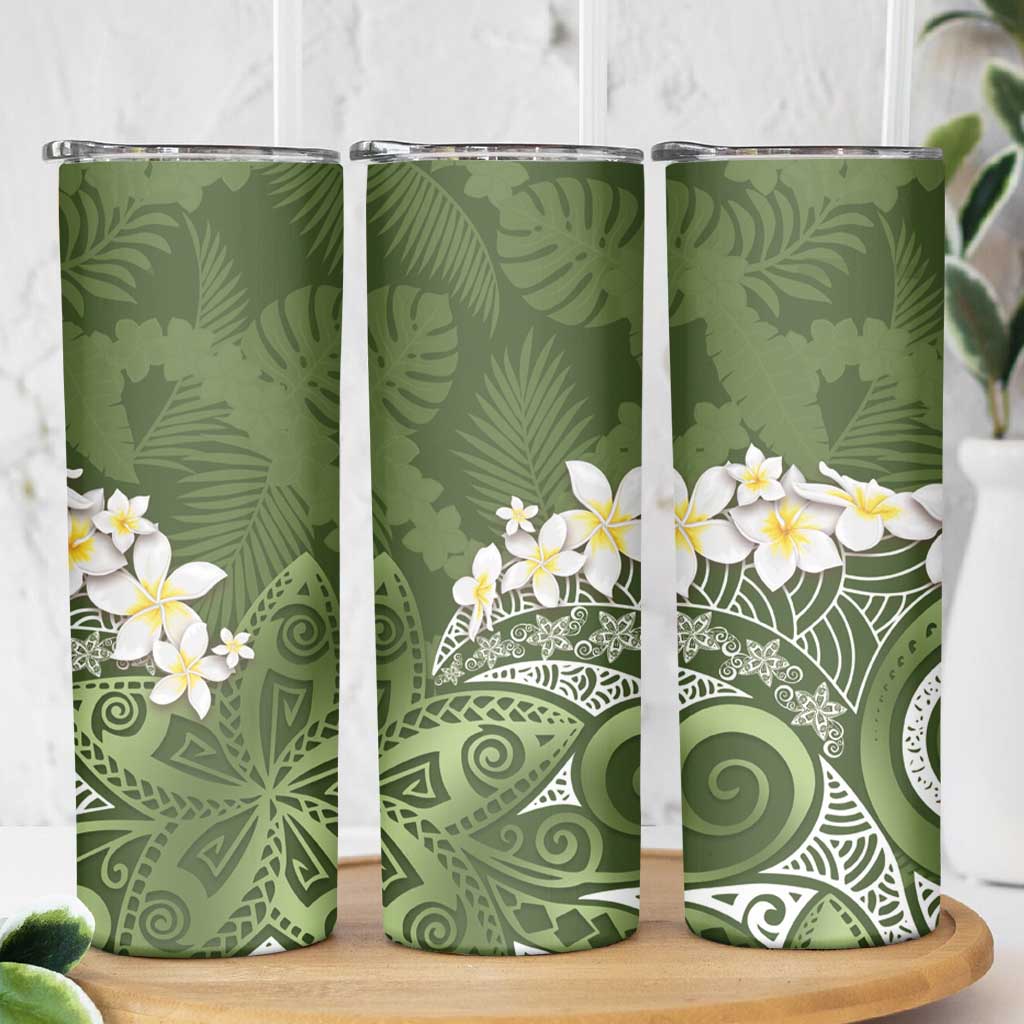 Green Polynesian Tribal Frangipani Tropical Vibe Skinny Tumbler