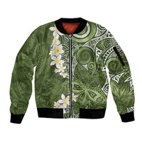 Green Polynesian Tribal Frangipani Tropical Vibe Sleeve Zip Bomber Jacket