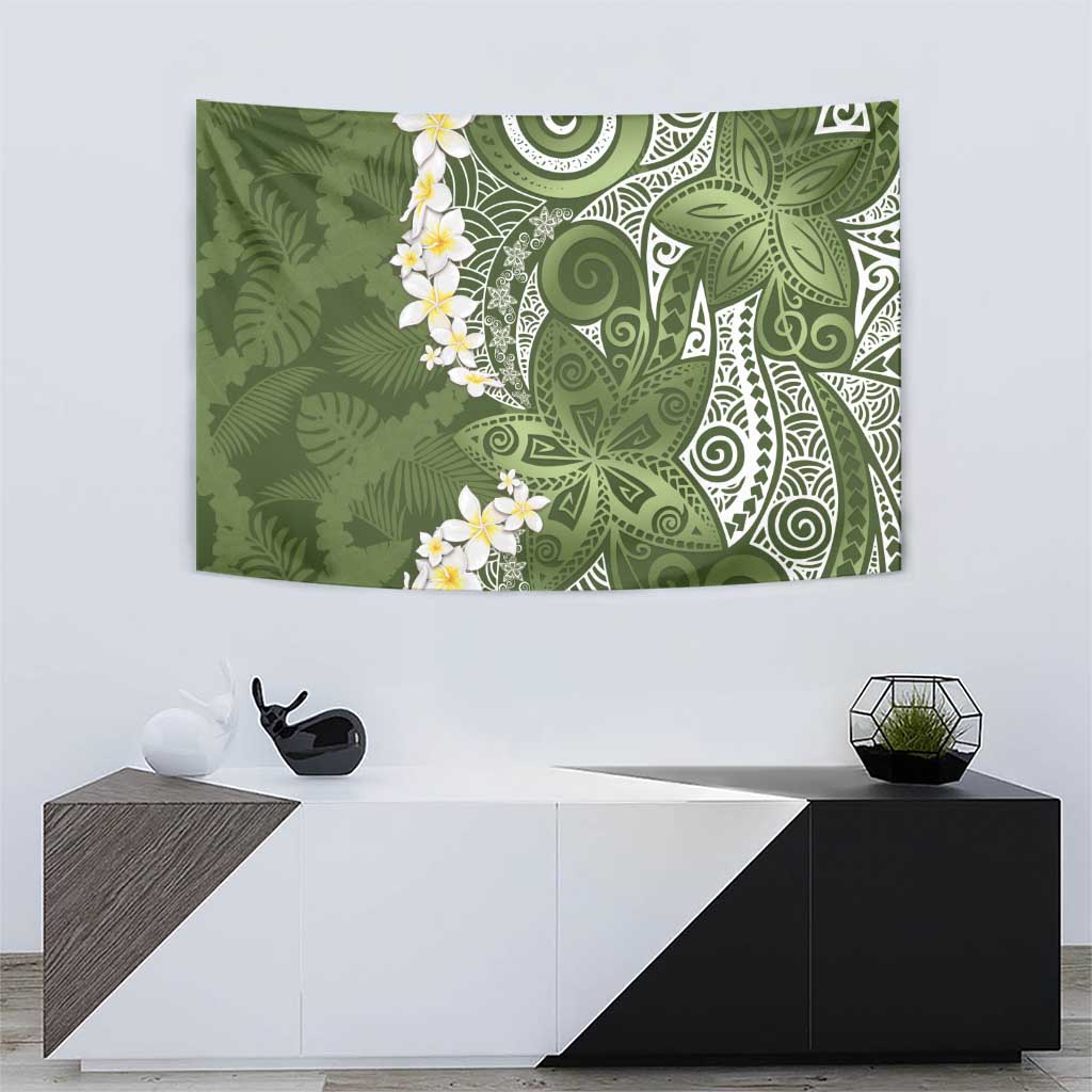 Green Polynesian Tribal Frangipani Tropical Vibe Tapestry