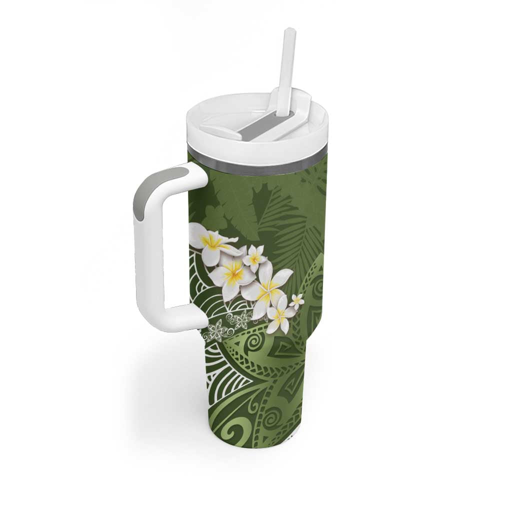 Green Polynesian Tribal Frangipani Tropical Vibe Tumbler With Handle LT14 - Polynesian Pride