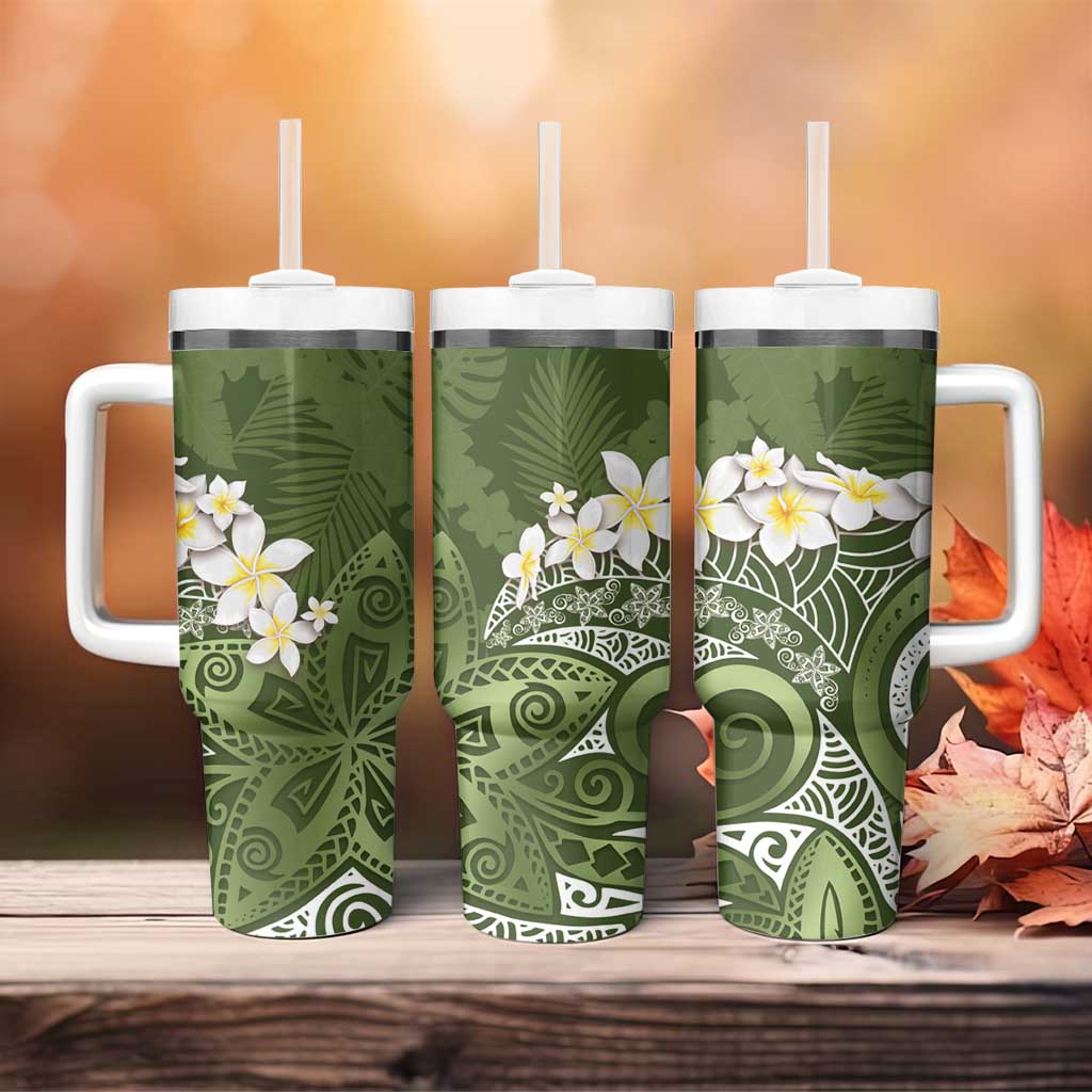 Green Polynesian Tribal Frangipani Tropical Vibe Tumbler With Handle LT14 - Polynesian Pride