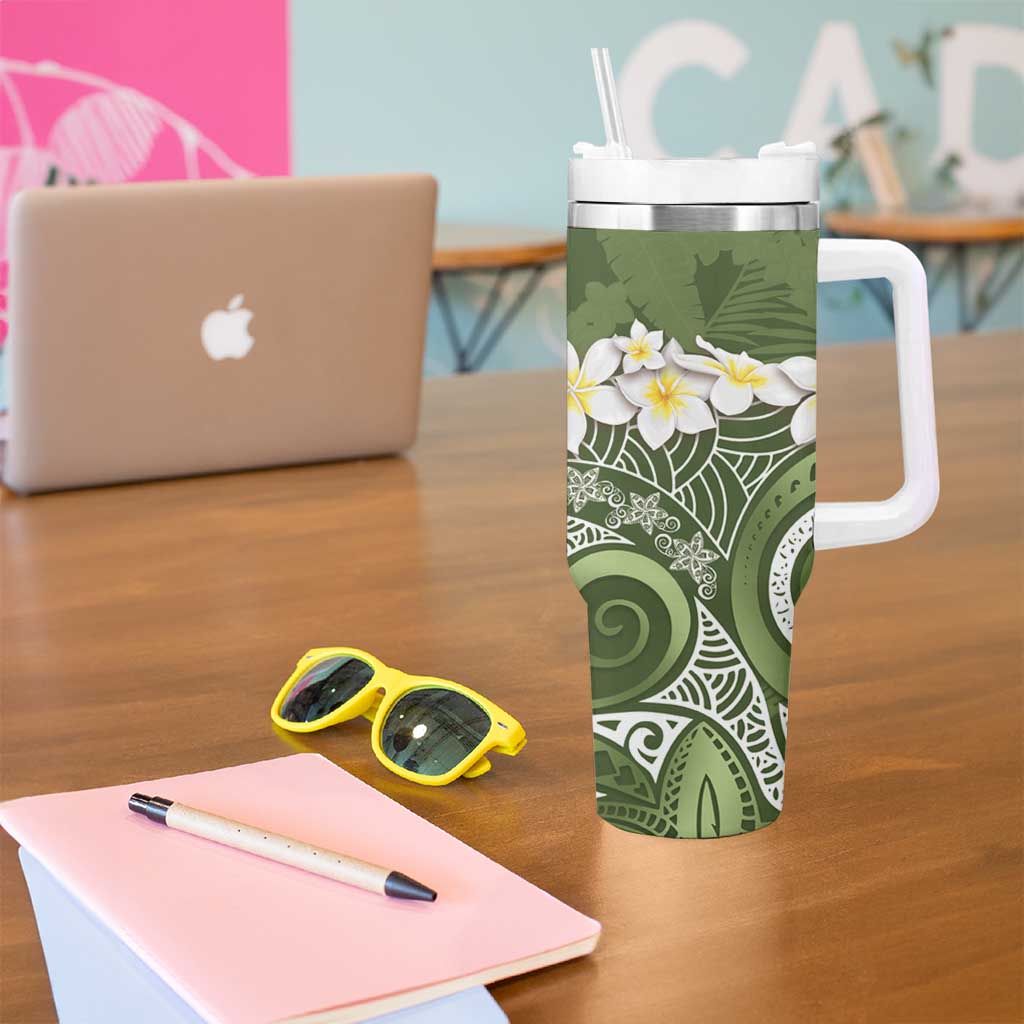 Green Polynesian Tribal Frangipani Tropical Vibe Tumbler With Handle LT14 - Polynesian Pride