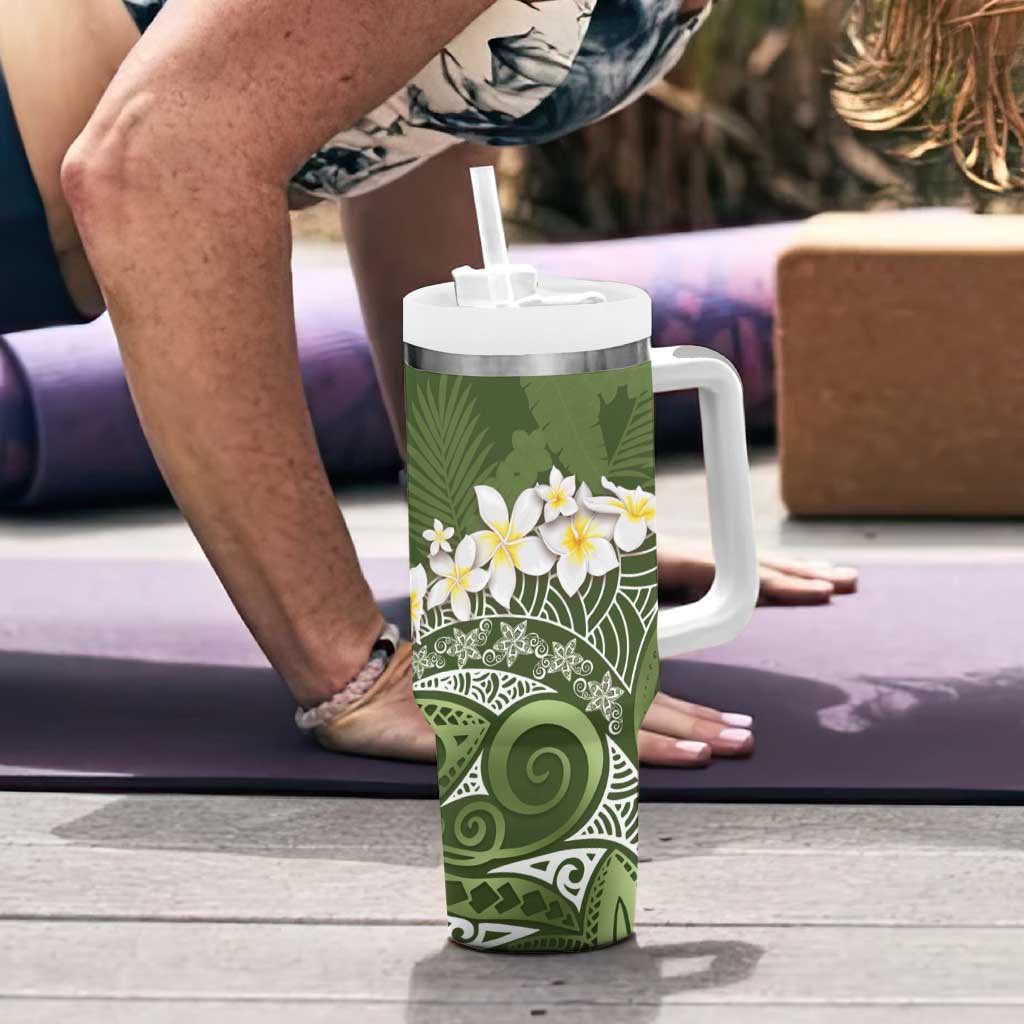Green Polynesian Tribal Frangipani Tropical Vibe Tumbler With Handle LT14 - Polynesian Pride