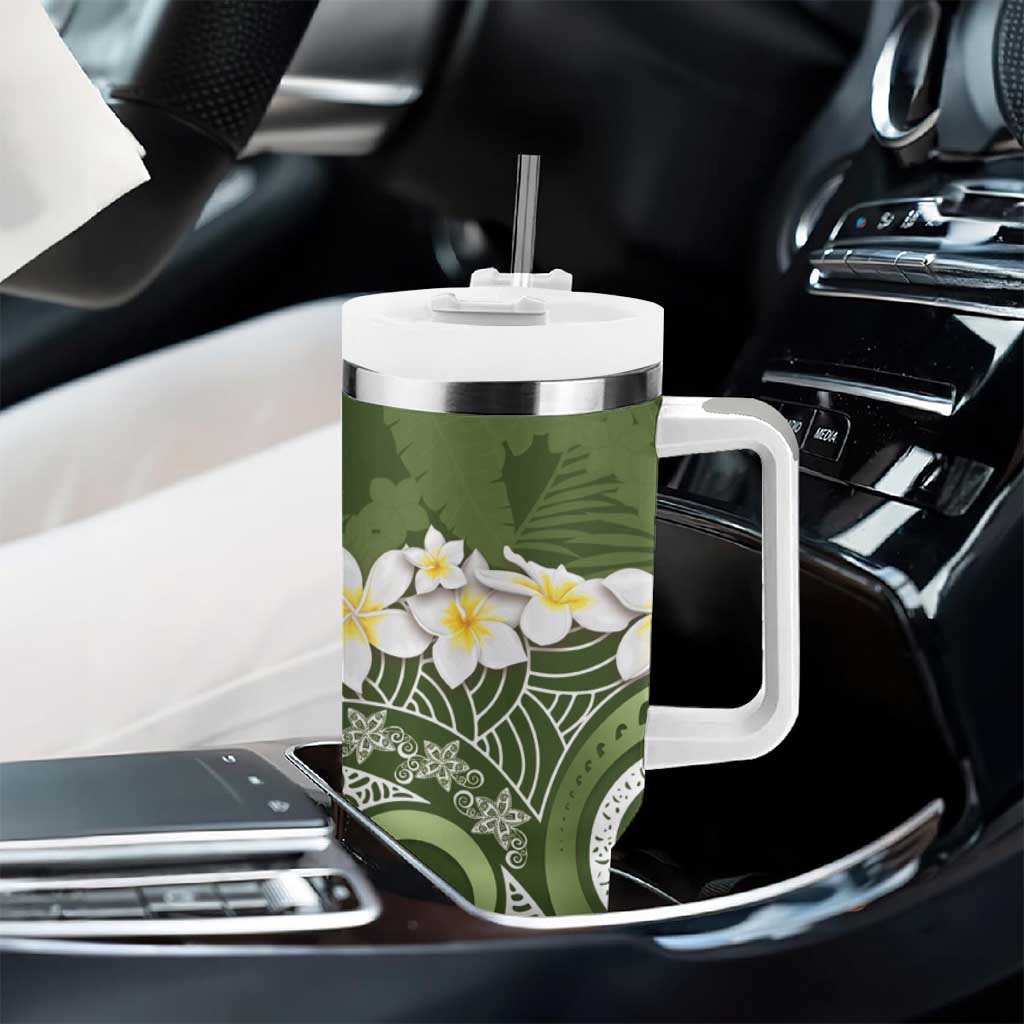 Green Polynesian Tribal Frangipani Tropical Vibe Tumbler With Handle LT14 - Polynesian Pride