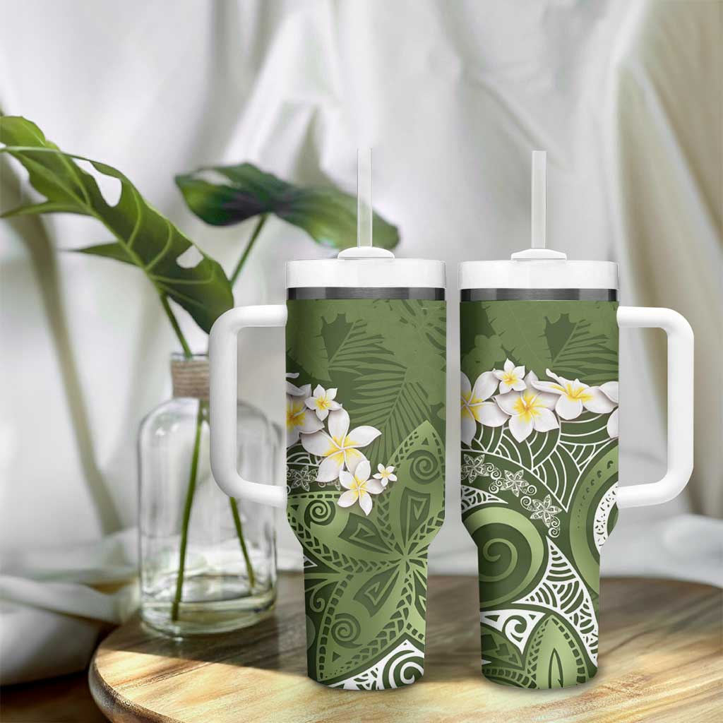 Green Polynesian Tribal Frangipani Tropical Vibe Tumbler With Handle LT14 - Polynesian Pride