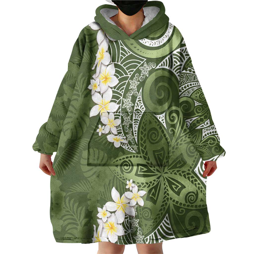 Green Polynesian Tribal Frangipani Tropical Vibe Wearable Blanket Hoodie LT14 - Polynesian Pride
