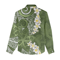Green Polynesian Tribal Frangipani Tropical Vibe Women Casual Shirt