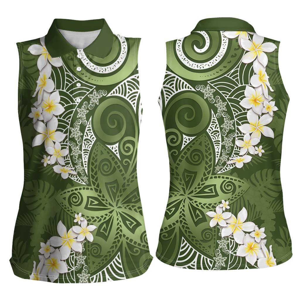 Green Polynesian Tribal Frangipani Tropical Vibe Women Sleeveless Polo Shirt