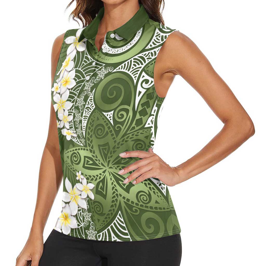 Green Polynesian Tribal Frangipani Tropical Vibe Women Sleeveless Polo Shirt