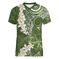 Green Polynesian Tribal Frangipani Tropical Vibe Women V-Neck T-Shirt LT14 Female Green - Polynesian Pride