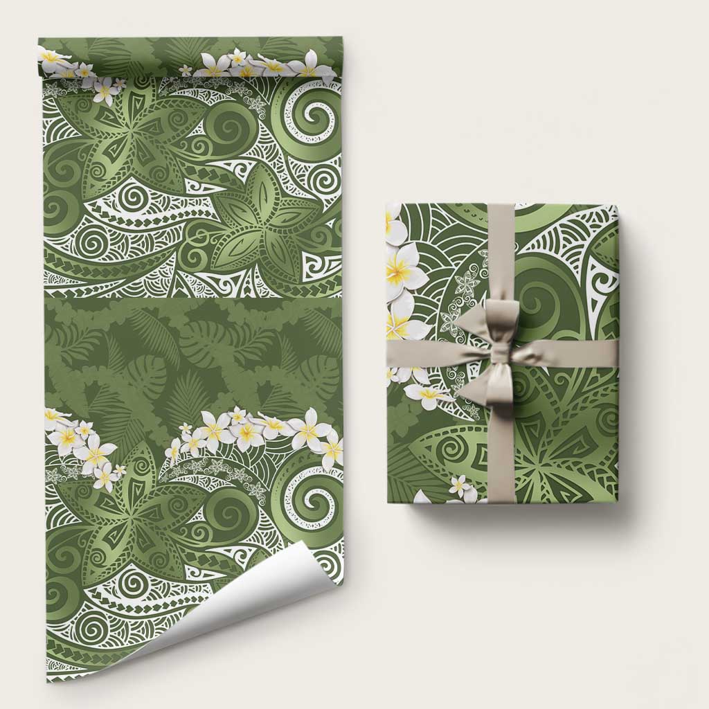 Green Polynesian Tribal Frangipani Tropical Vibe Wrapping Paper LT14 58" × 23" Green - Polynesian Pride