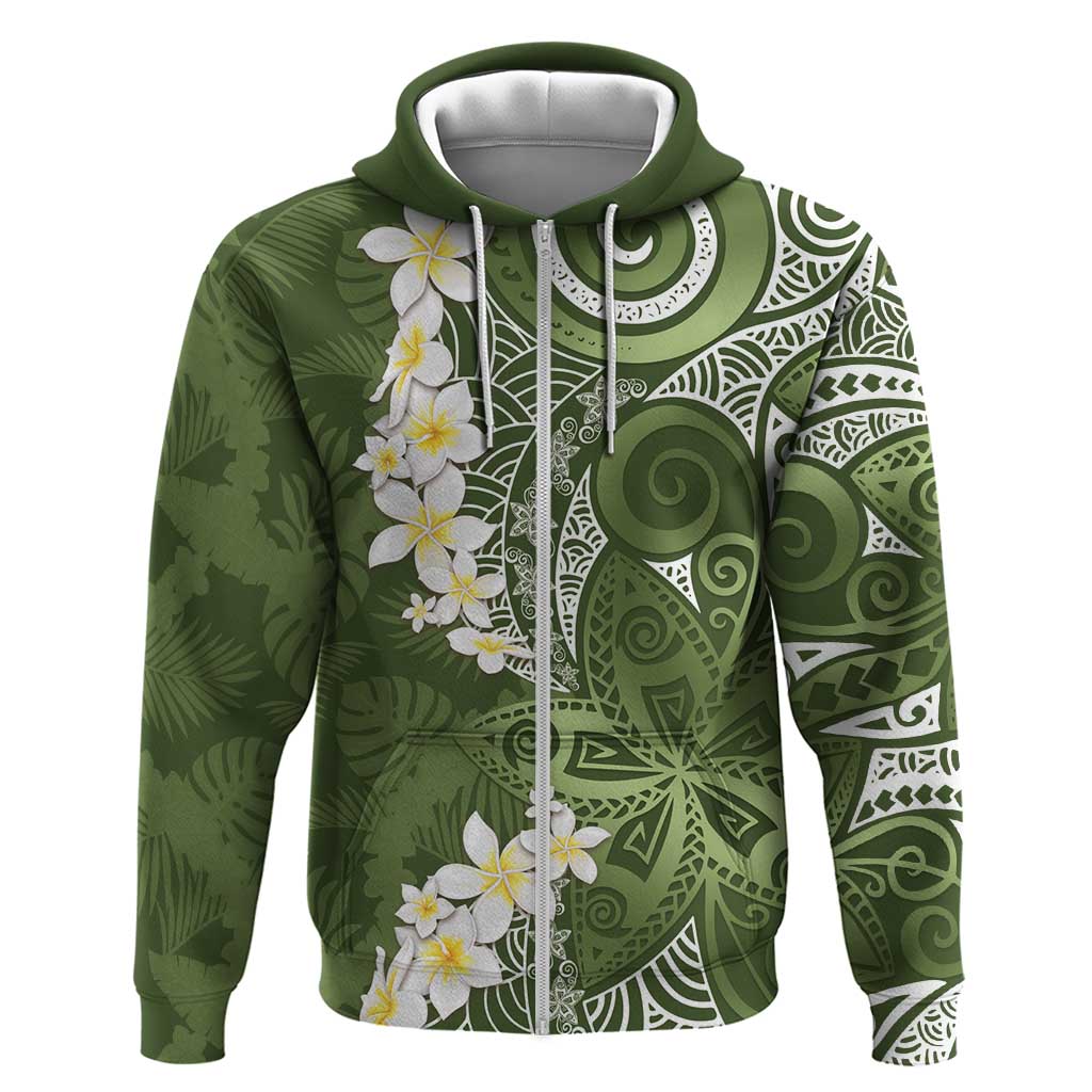 Green Polynesian Tribal Frangipani Tropical Vibe Zip Hoodie