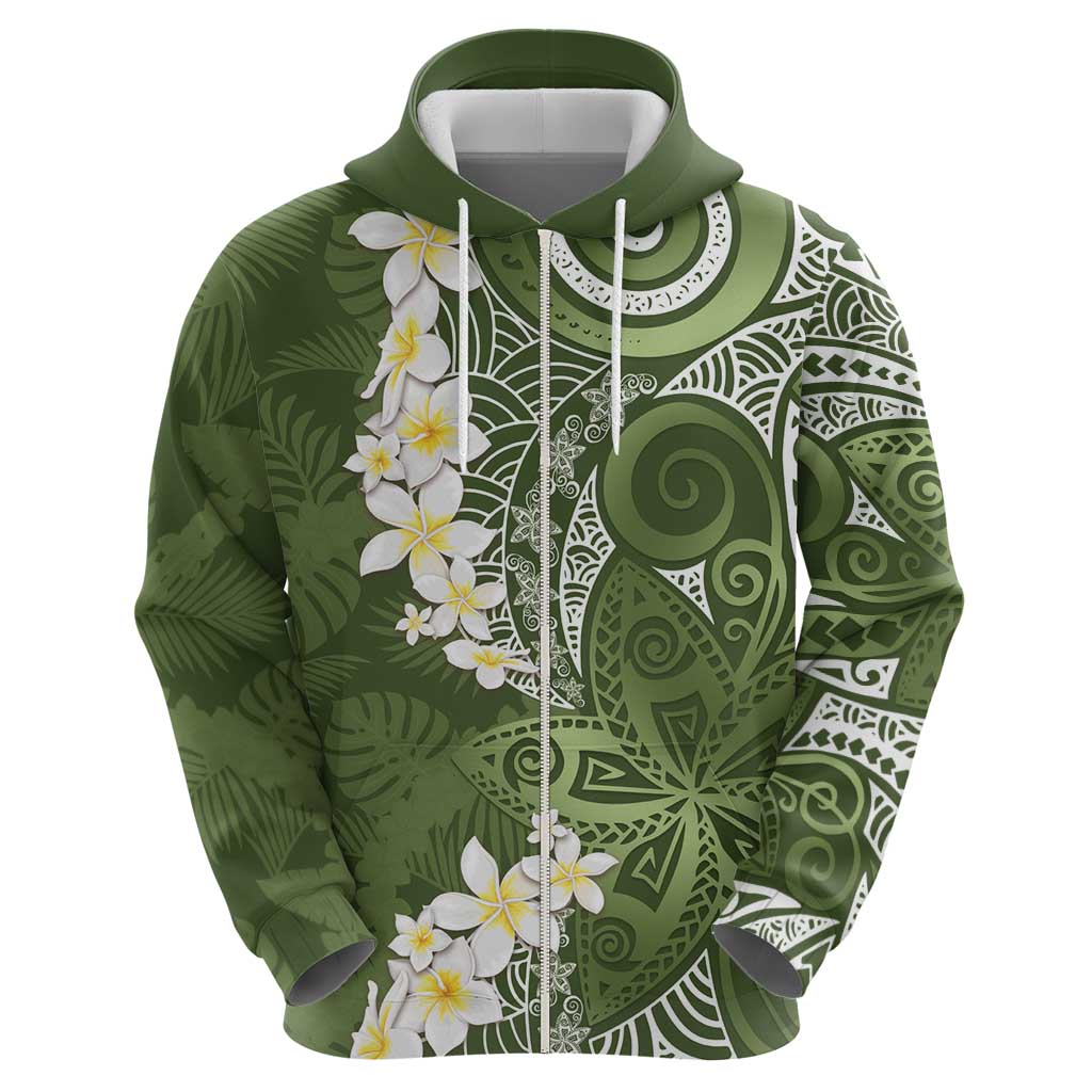 Green Polynesian Tribal Frangipani Tropical Vibe Zip Hoodie