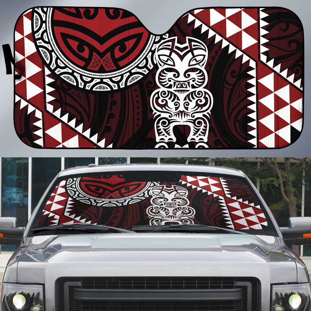 Red Aotearoa Niho Taniwha Auto Sun Shade Maori Mythology Tooth - Taniko Motifs - Polynesian Pride