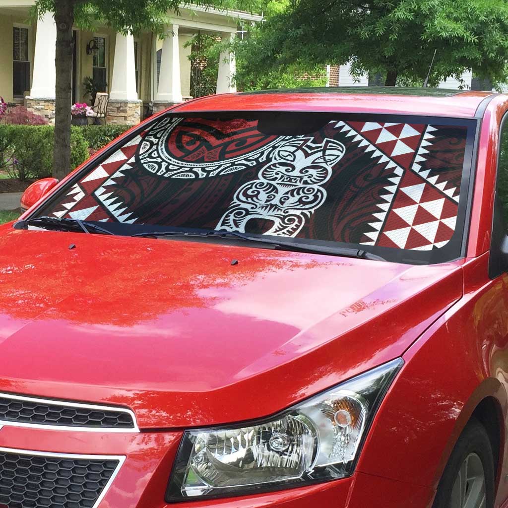 Red Aotearoa Niho Taniwha Auto Sun Shade Maori Mythology Tooth - Taniko Motifs - Polynesian Pride