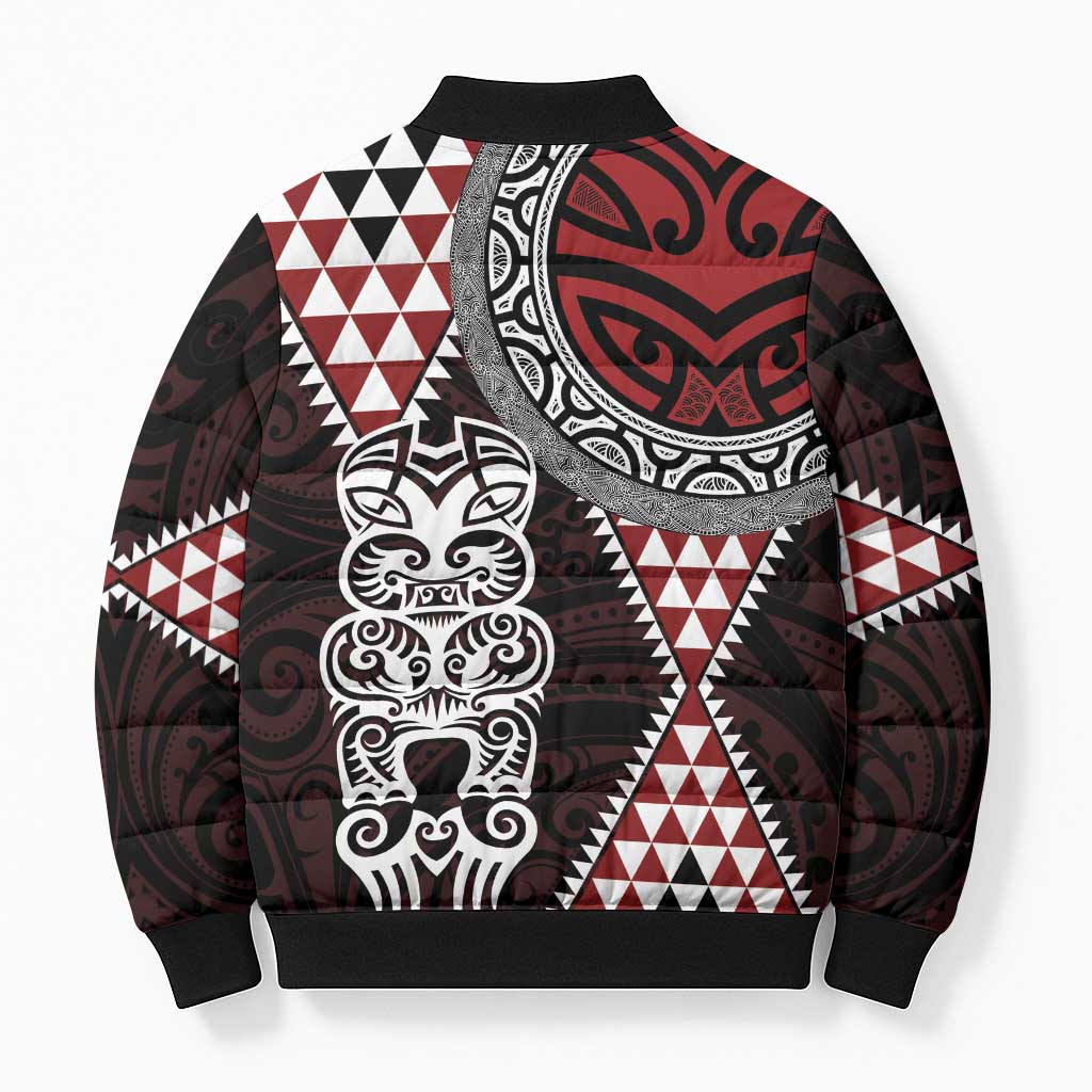 Red Aotearoa Niho Taniwha Bomber Puffer Jacket Maori Mythology Tooth - Taniko Motifs - Polynesian Pride