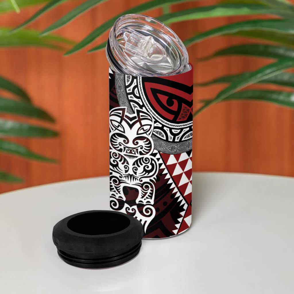 Red Aotearoa Niho Taniwha 4 in 1 Can Cooler Tumbler Maori Mythology Tooth - Taniko Motifs LT14 - Polynesian Pride