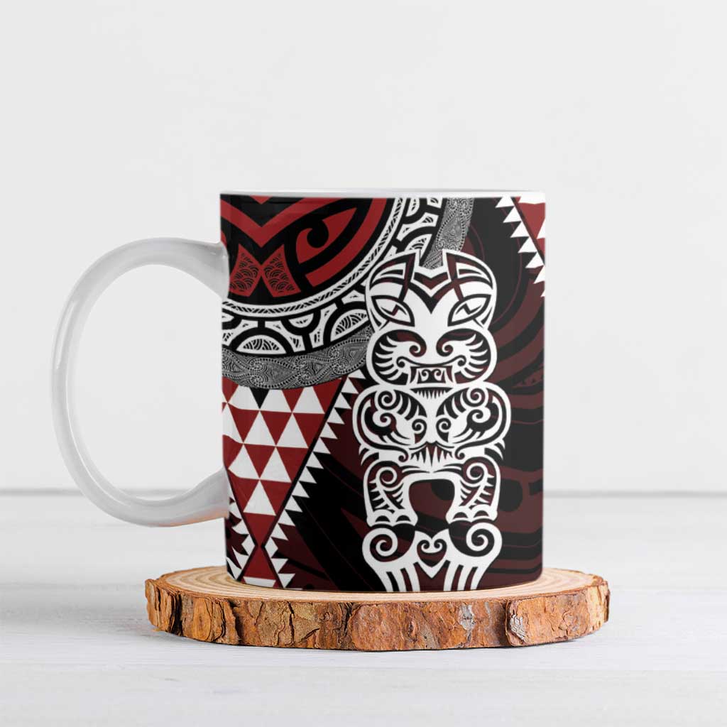 Red Aotearoa Niho Taniwha Ceramic Mug Maori Mythology Tooth - Taniko Motifs - Polynesian Pride