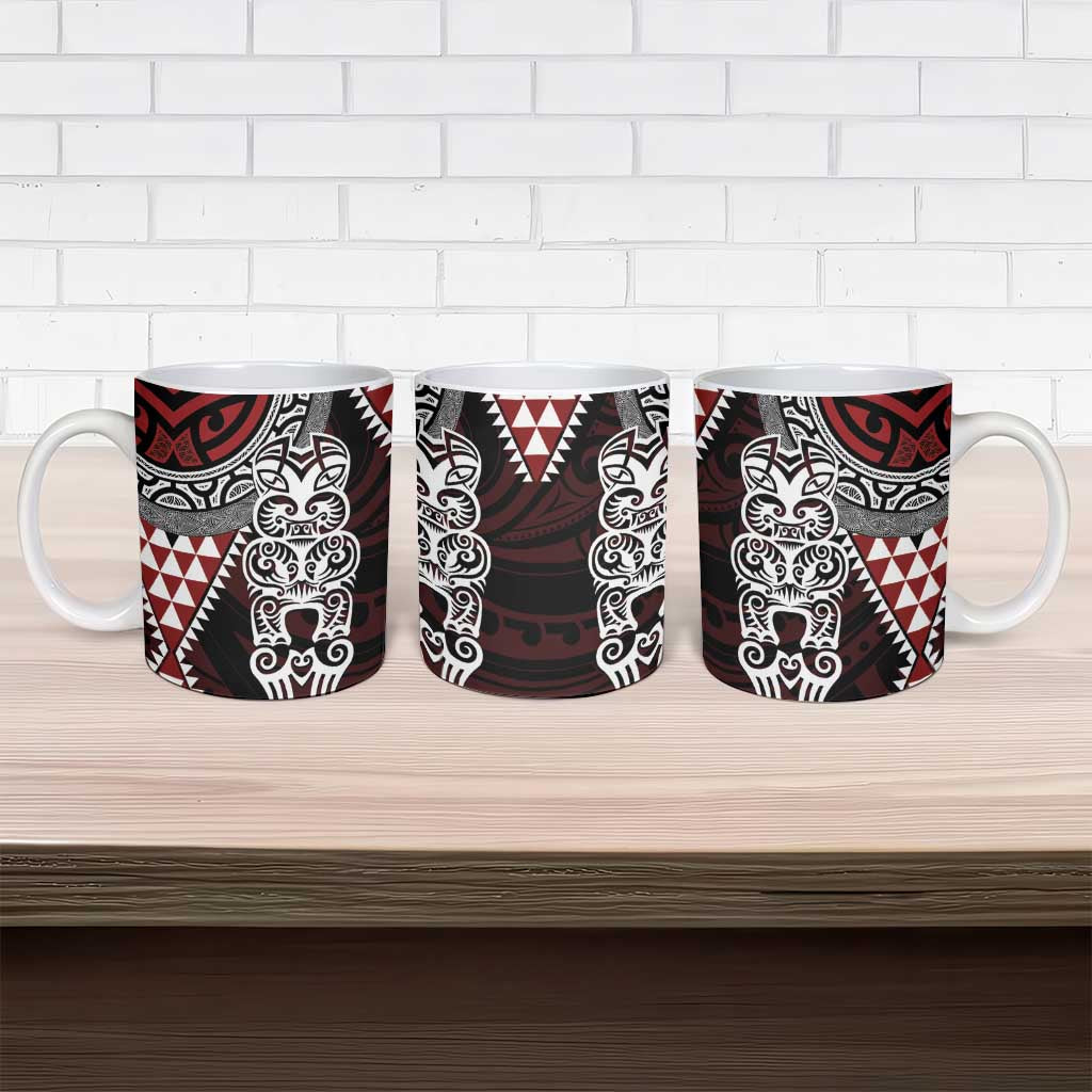 Red Aotearoa Niho Taniwha Ceramic Mug Maori Mythology Tooth - Taniko Motifs - Polynesian Pride